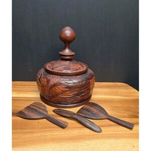 Hand Carved Wooden Vase With Finial Lid Bird And Coconut Tree Carving 3 Utinsils